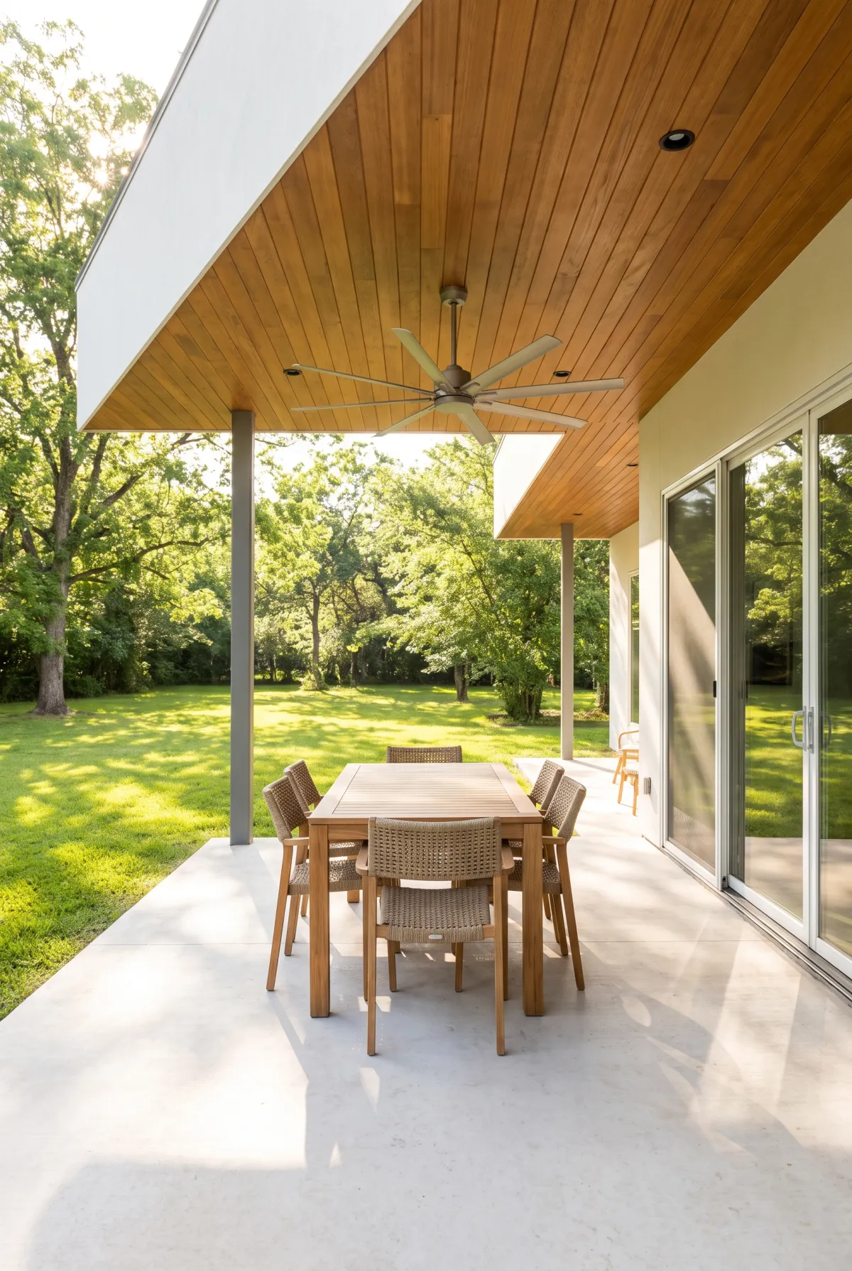 Covered concrete patio under a house roof extension with ceiling fan