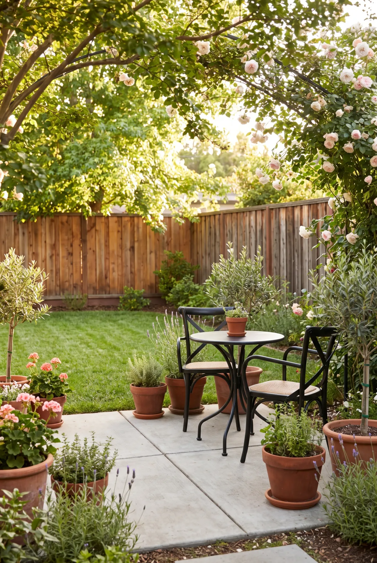 Small concrete bistro patio with cafe table and potted plants