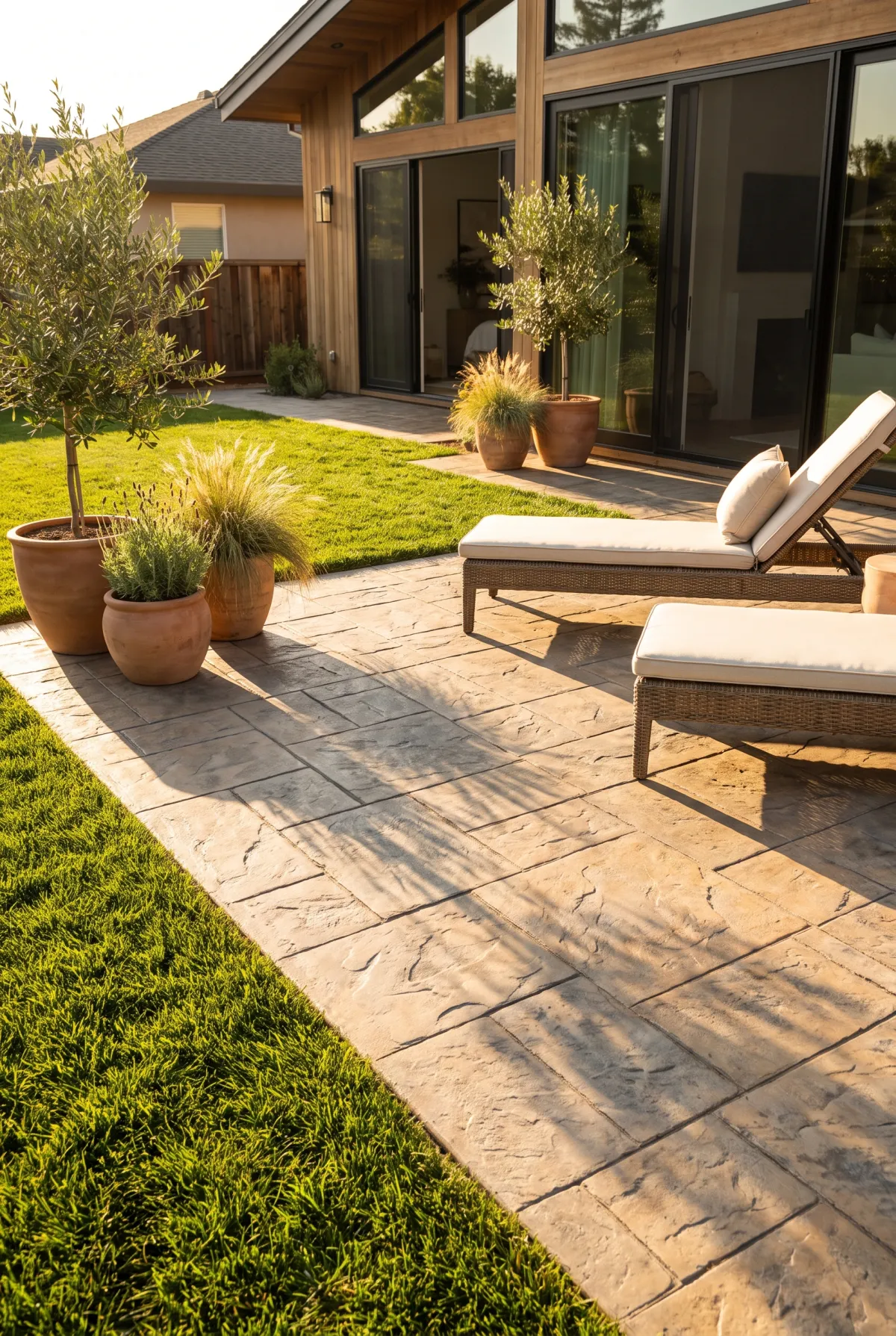 Stamped concrete patio with lounge chairs and olive trees