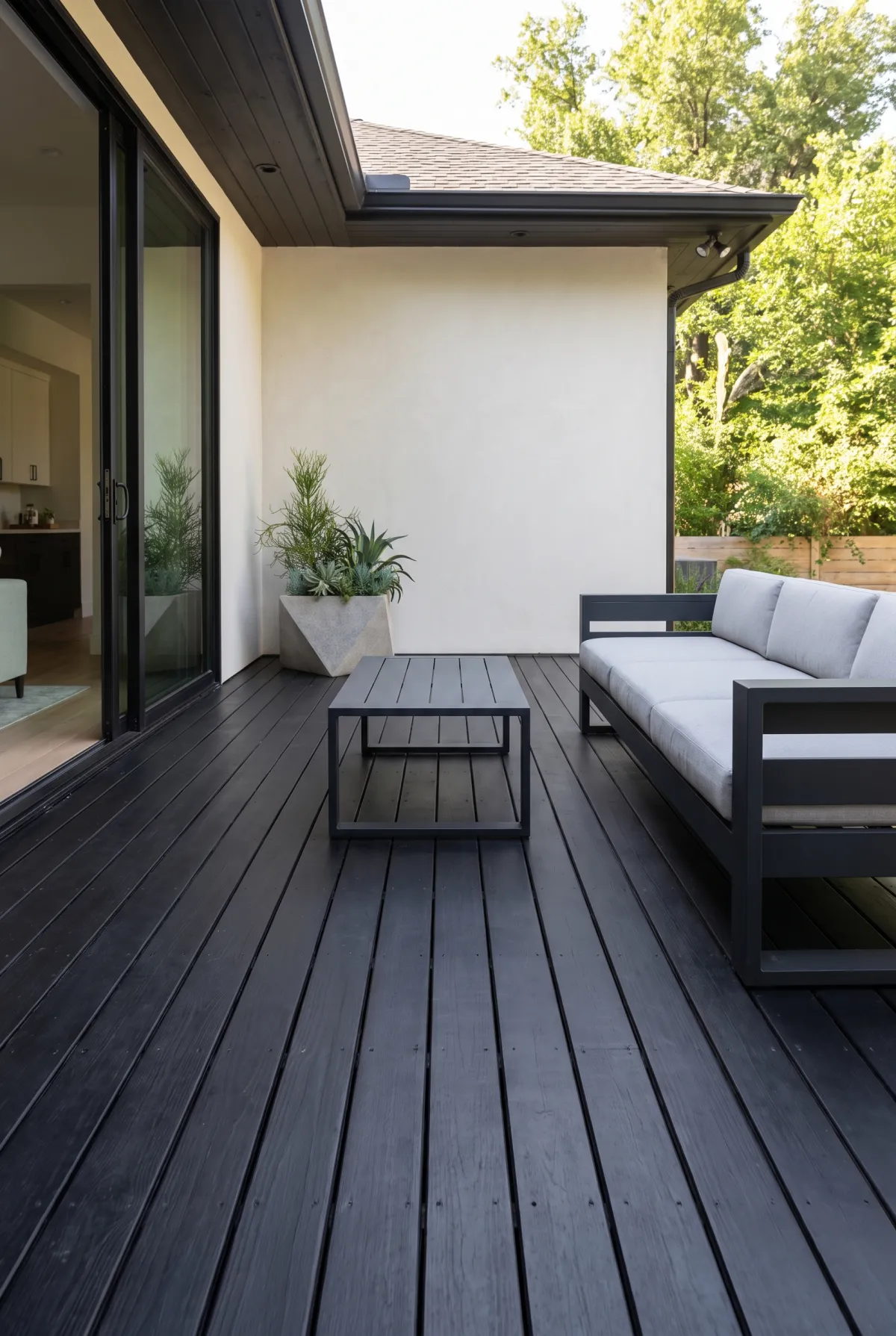 Modern deck in solid charcoal near-black stain