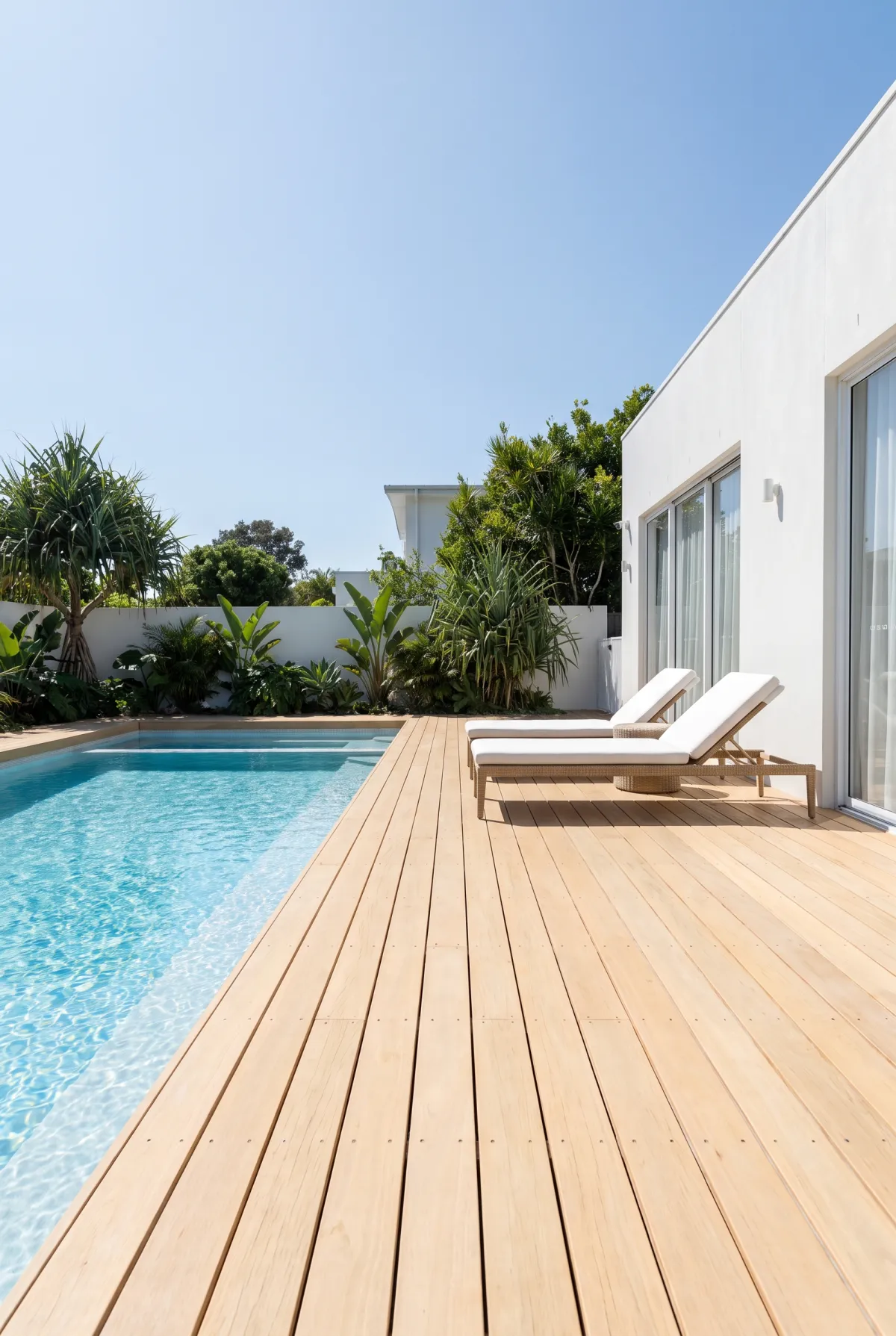 Light-stained wood pool deck beside a modern pool