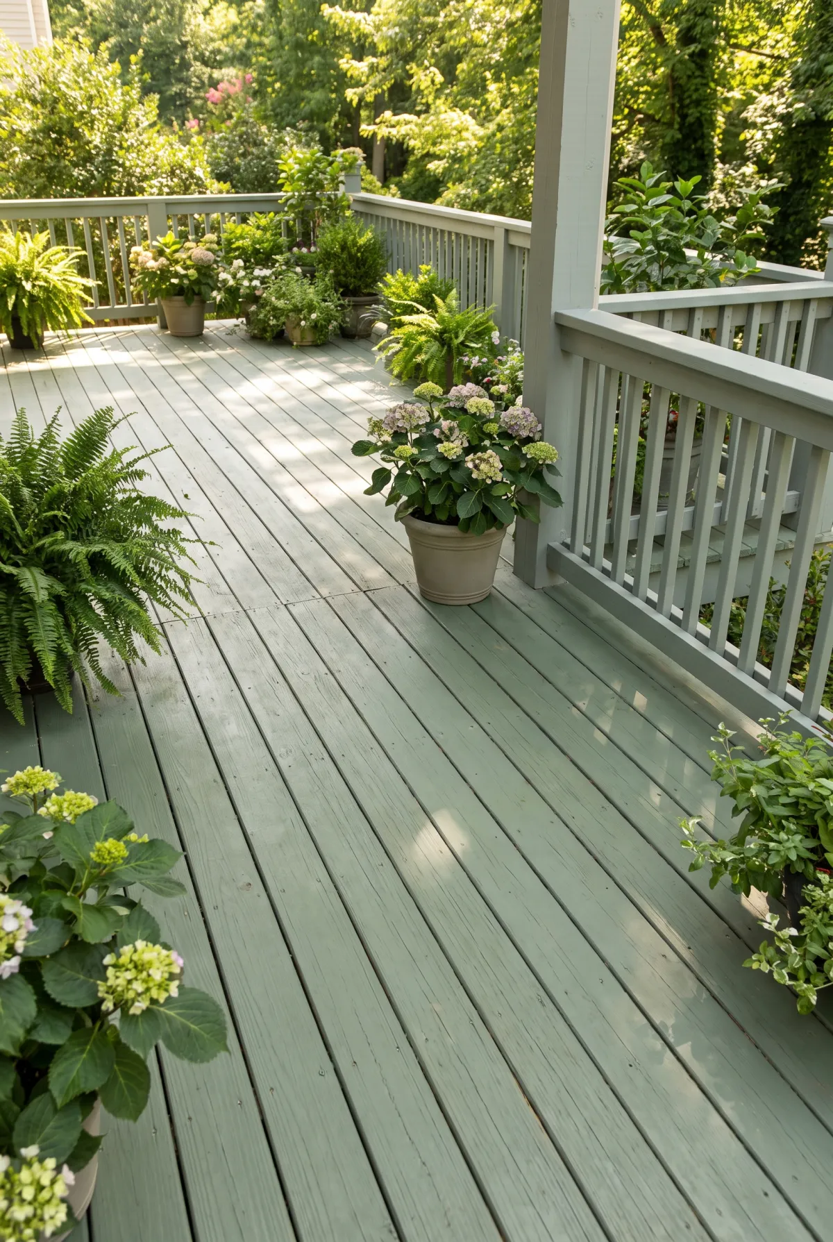Deck in a soft sage green-gray solid stain