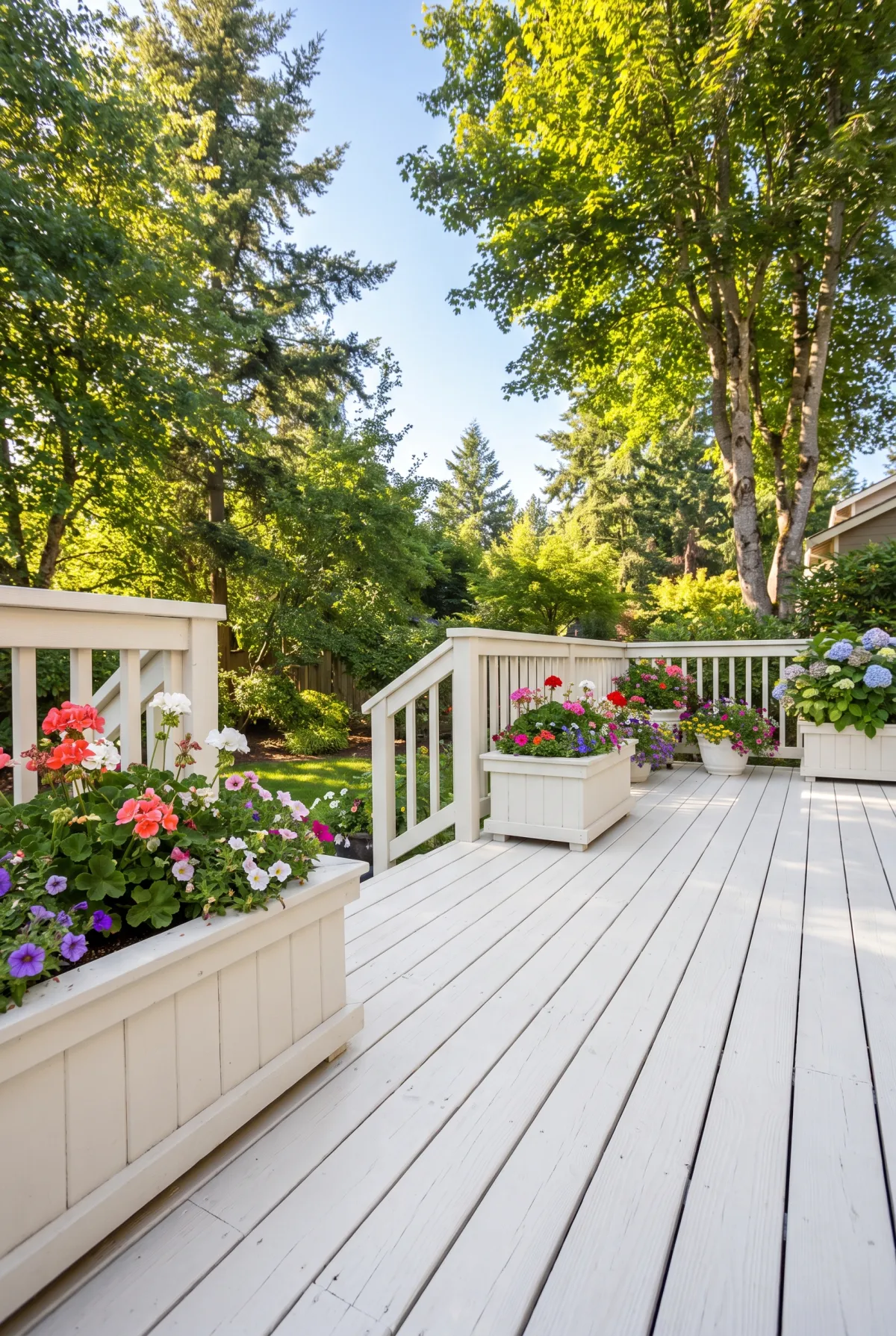 Deck finished in solid white cream stain, cottage style