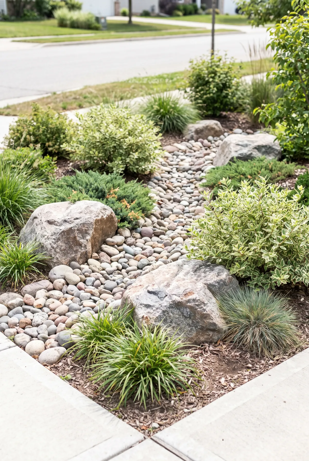Corner-lot dry creek bed with large boulders and low plantings