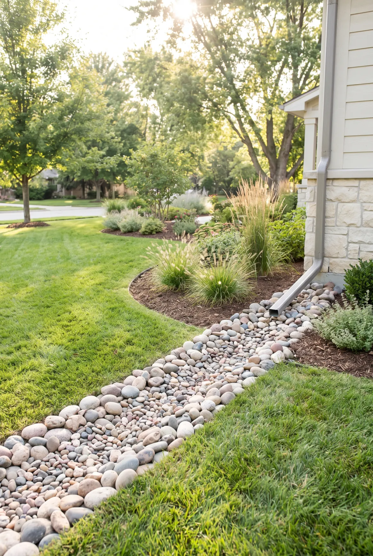 Dry creek bed carrying runoff away from a house downspout