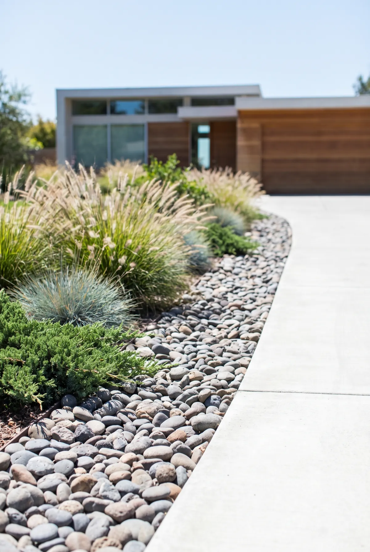 Dry creek bed running alongside a residential driveway
