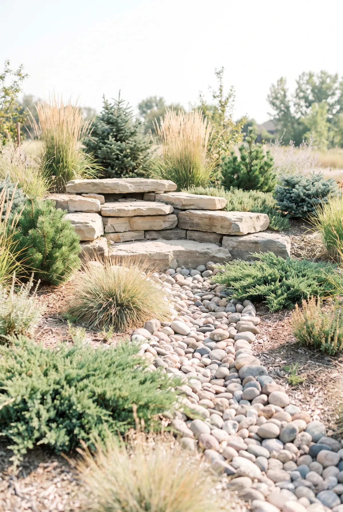 Dry stacked-stone waterfall at the head of a dry creek bed