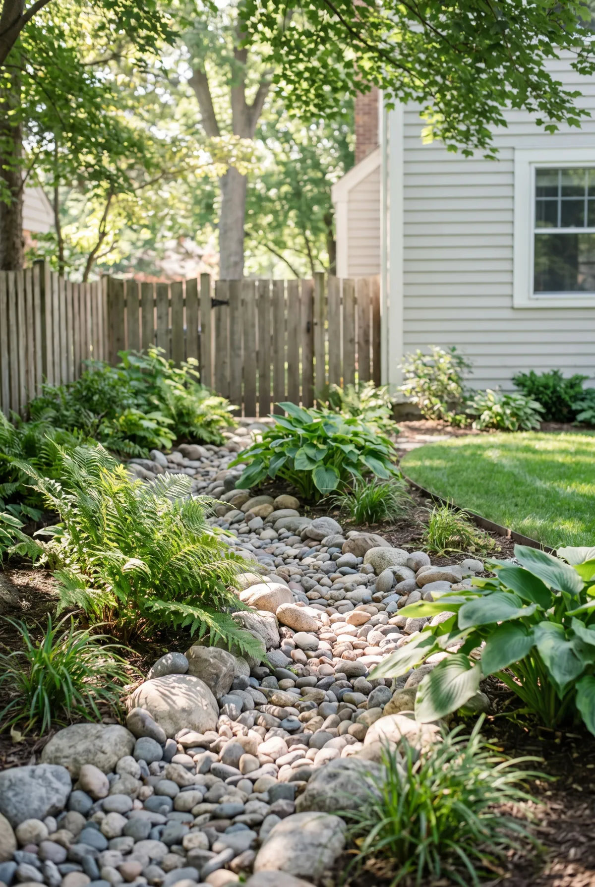 Shaded backyard dry creek bed bordered by ferns and hostas