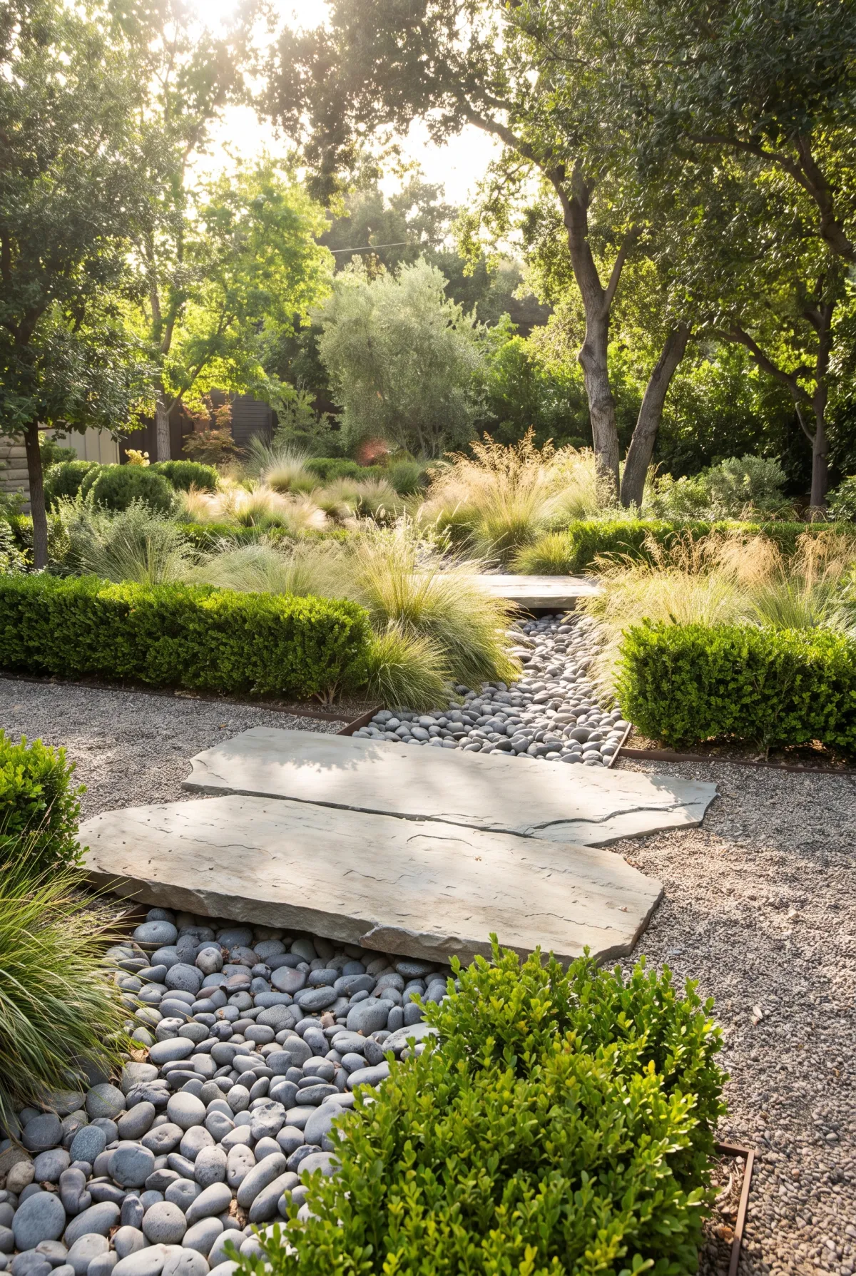 Flagstone slab crossing over a dry creek bed