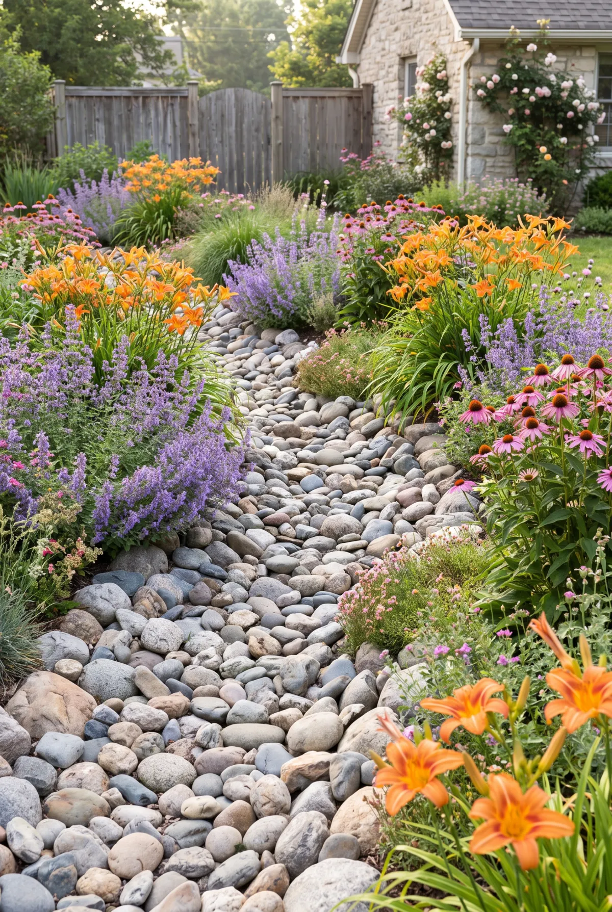 Dry creek bed bordered by flowering perennials