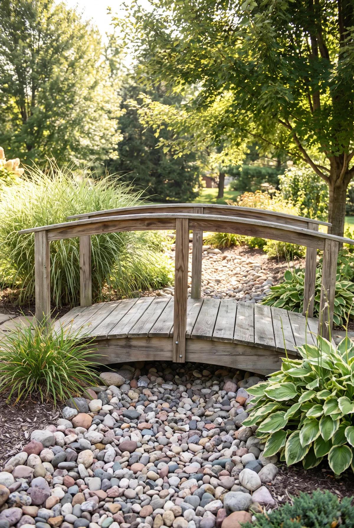 Wooden footbridge arching over a dry creek bed