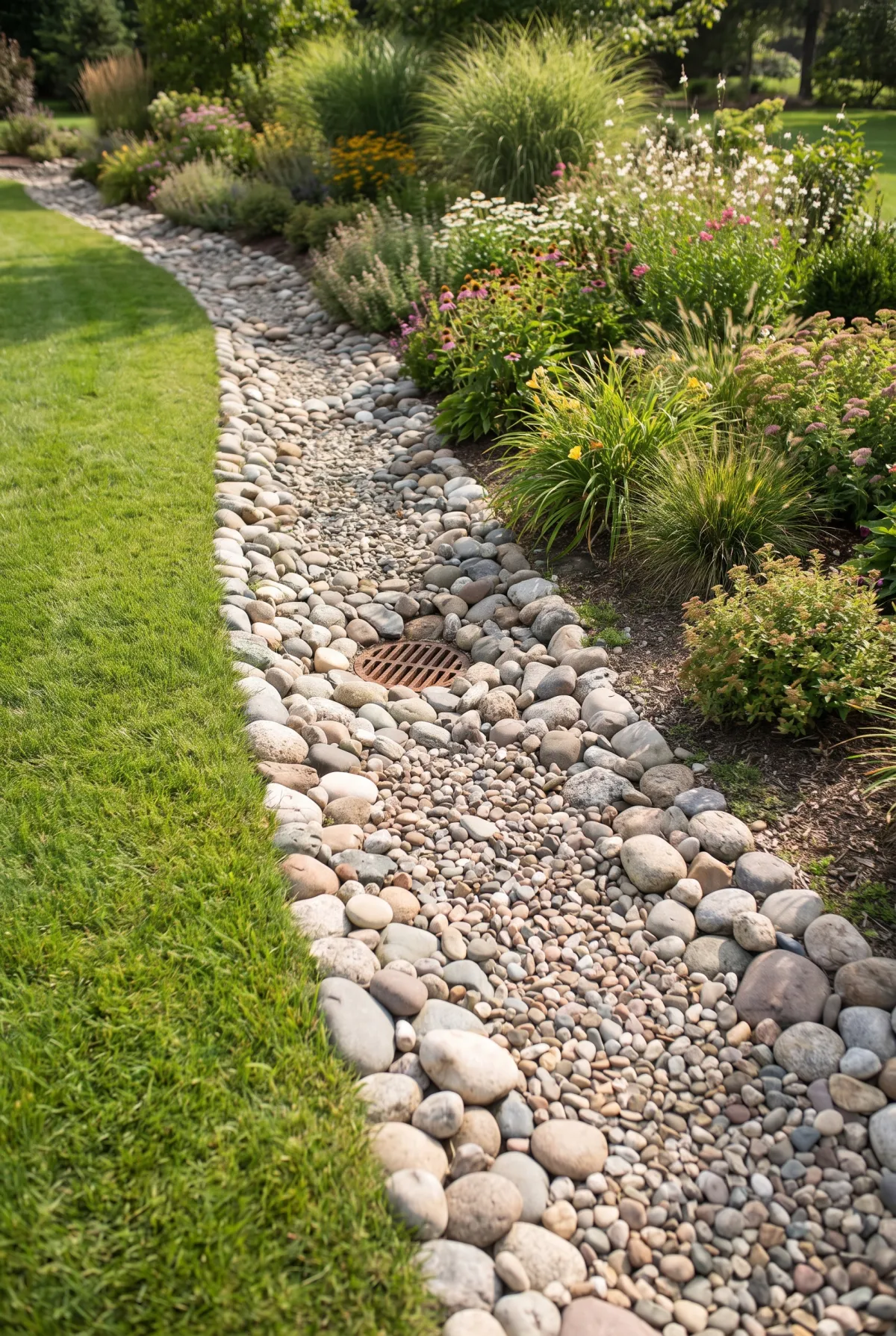 Dry creek bed acting as surface overflow for a French drain