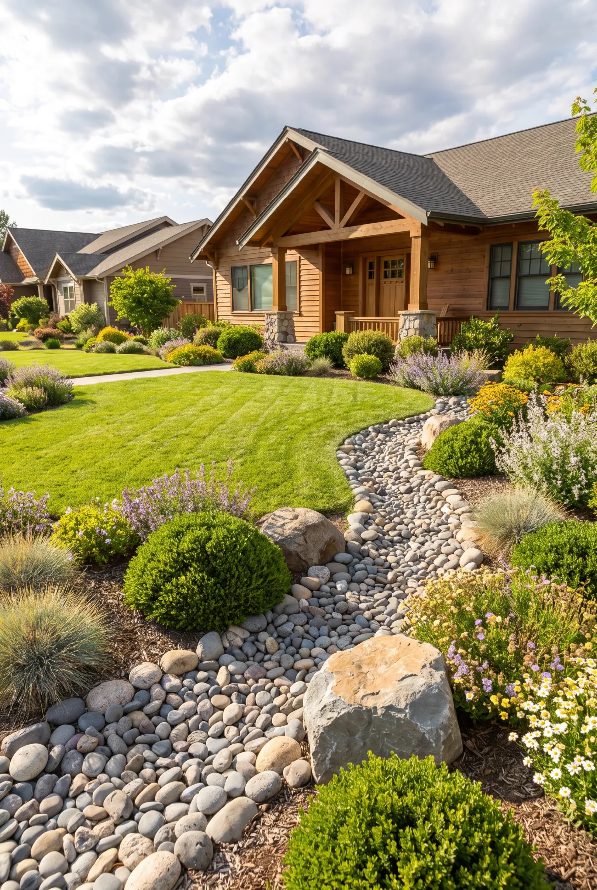 Front-yard dry creek bed with river rock and grasses