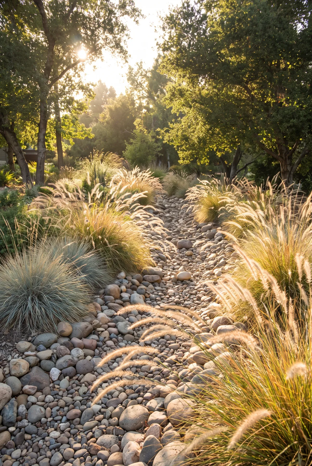 Dry creek bed edged with ornamental grasses