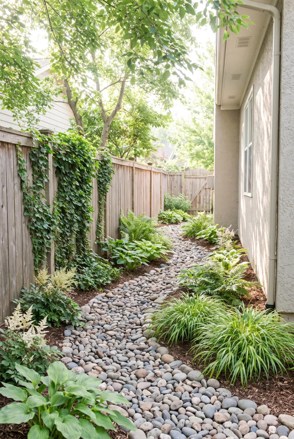 Narrow dry creek bed draining a soggy side yard between fences