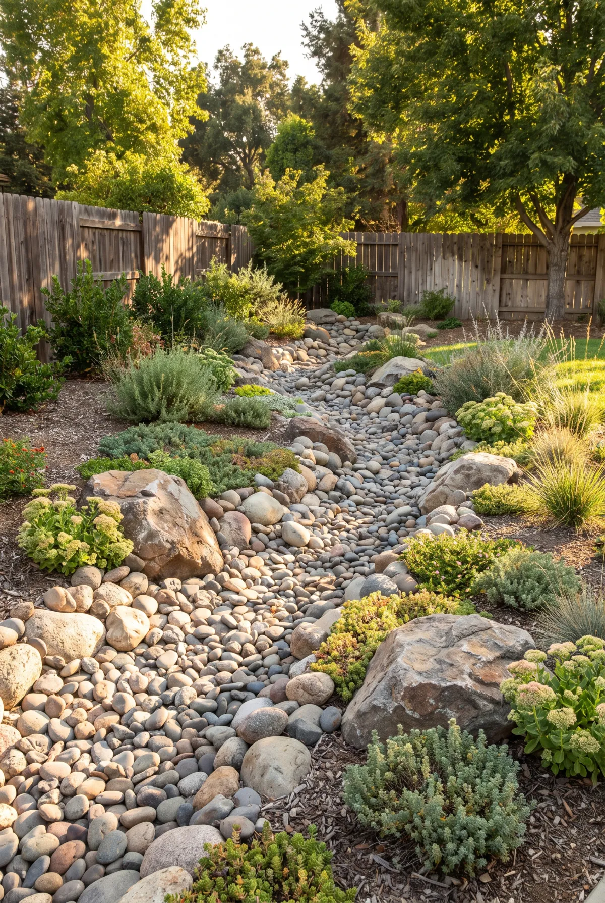 Dry creek bed running down a landscaped slope for erosion control