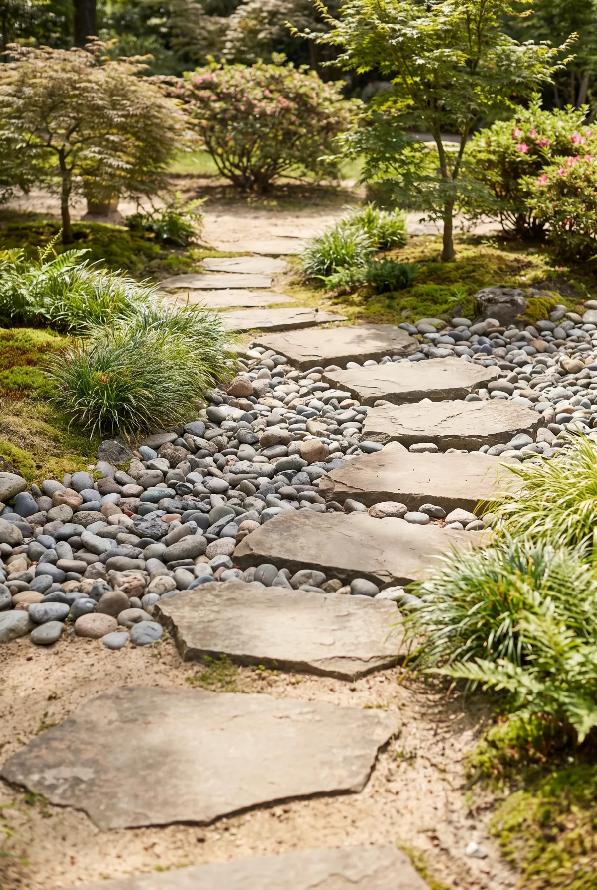 Stepping stones crossing a dry creek bed of river rock