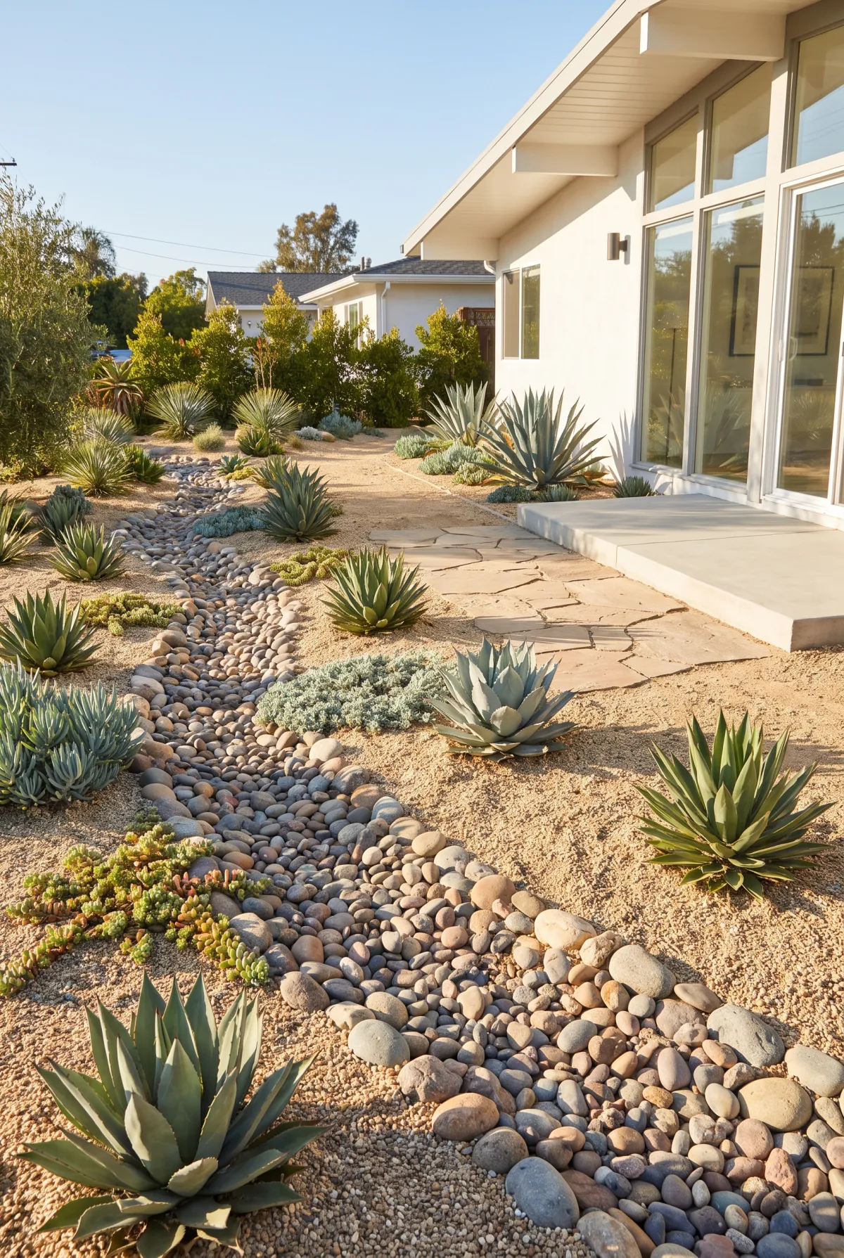 Backyard xeriscape dry creek bed with agave and succulents