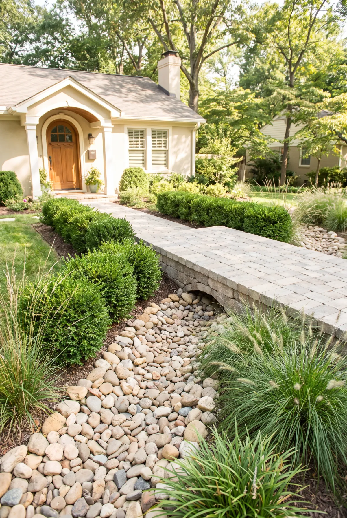 Dry creek bed framing a front walkway to the entry