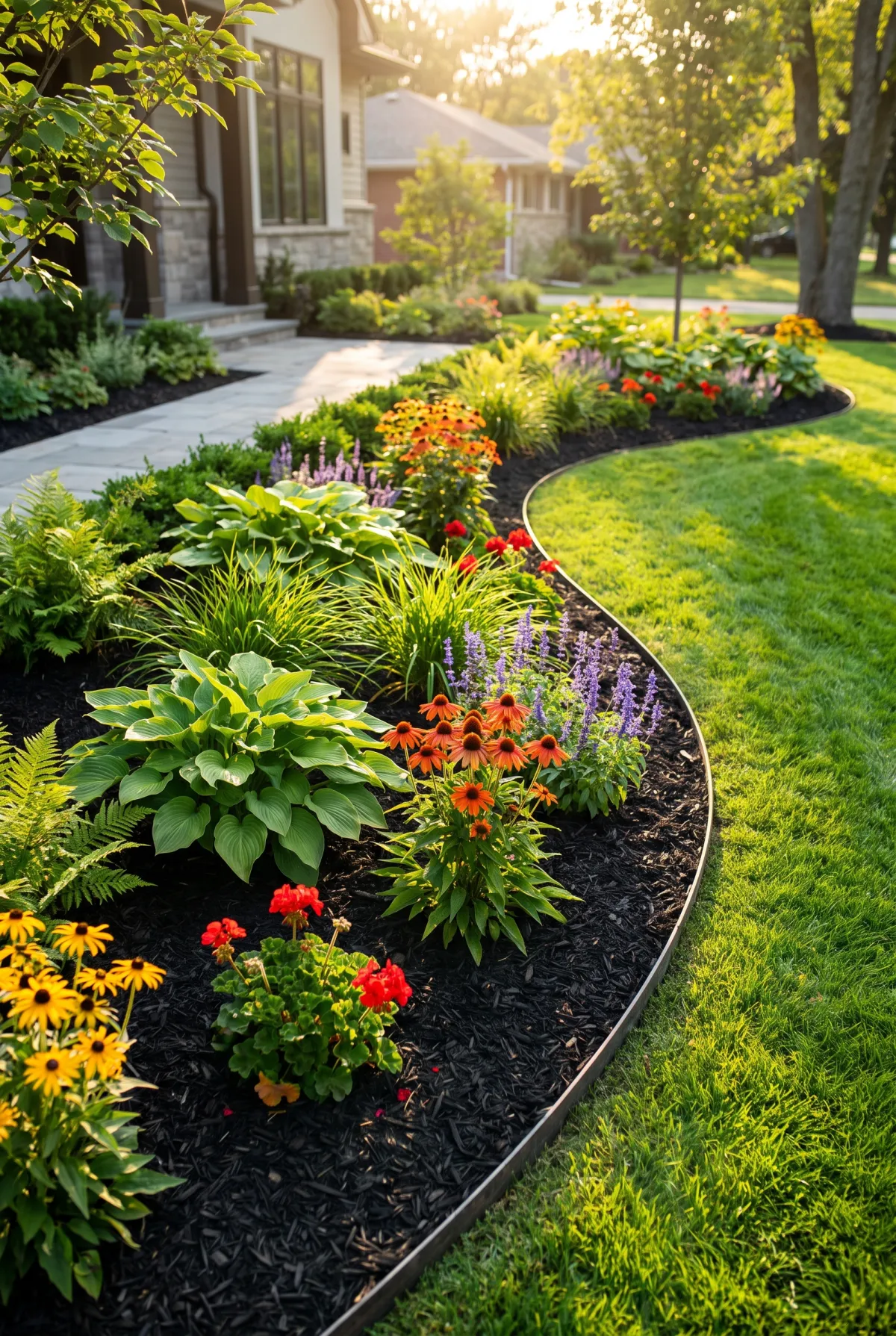 Garden bed with black mulch contrasting against bright green plants