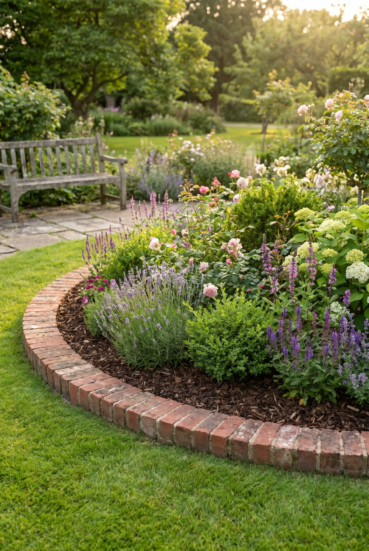 Garden bed bordered by a brick soldier course edging