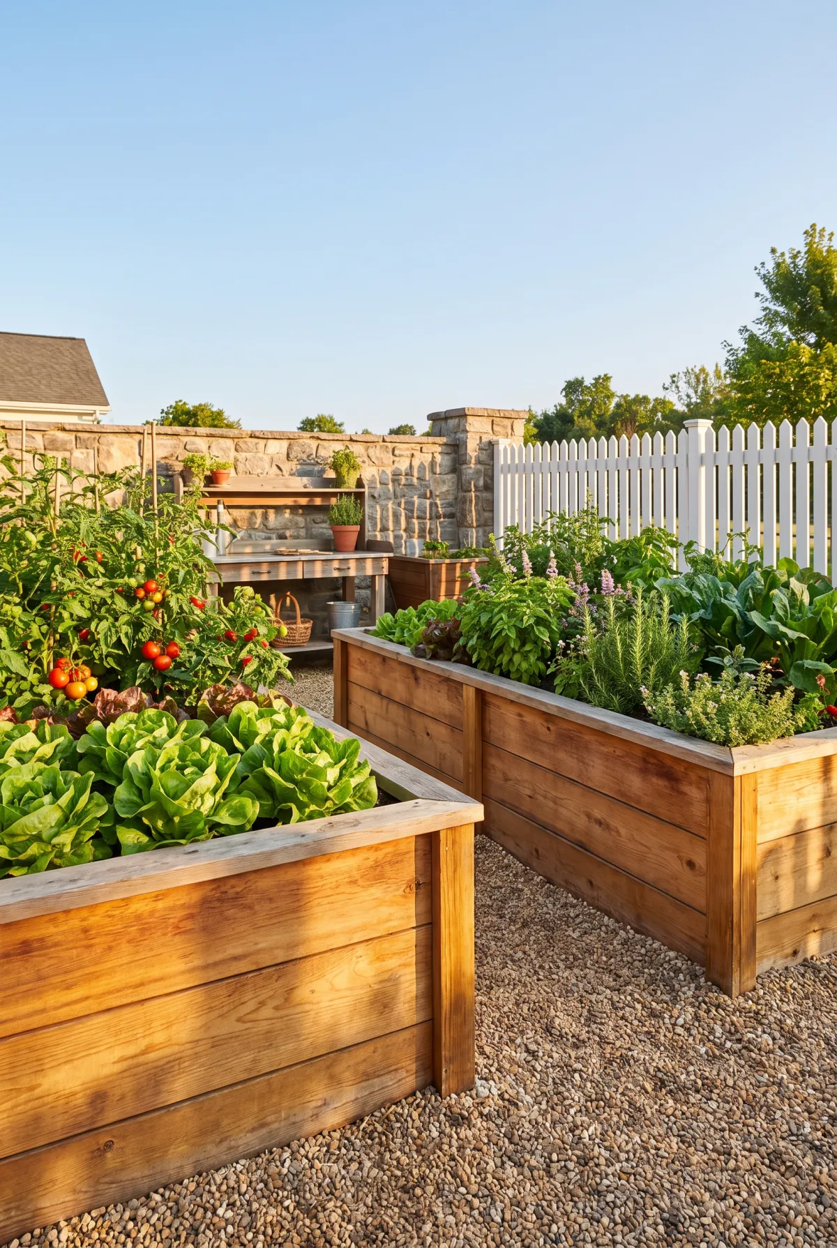 Cedar raised garden bed boxes filled with vegetables and herbs