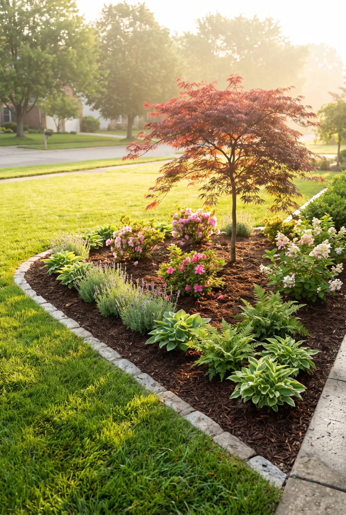 Corner garden bed with an ornamental tree, shrubs and perennials