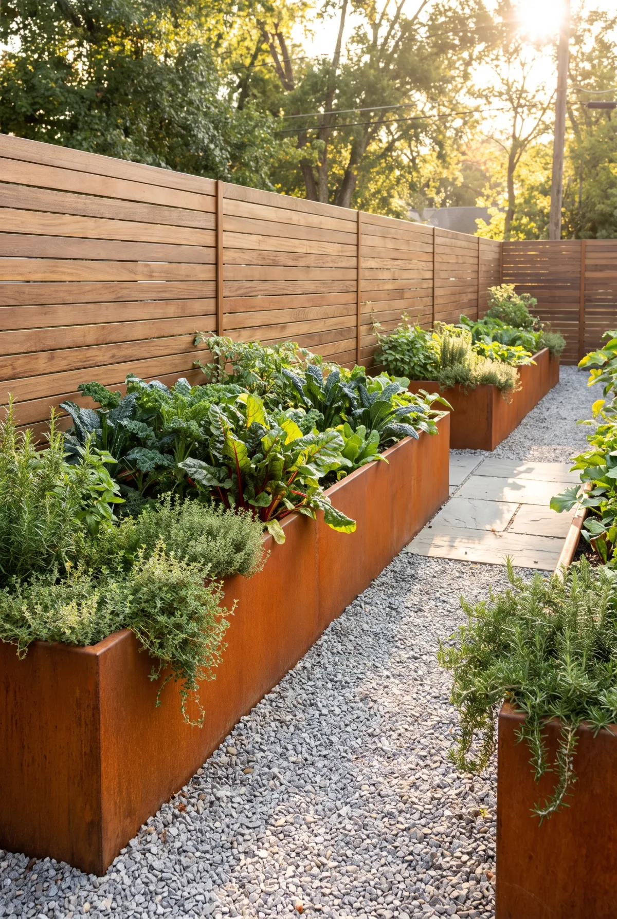 Modern corten steel raised garden bed with lush vegetables