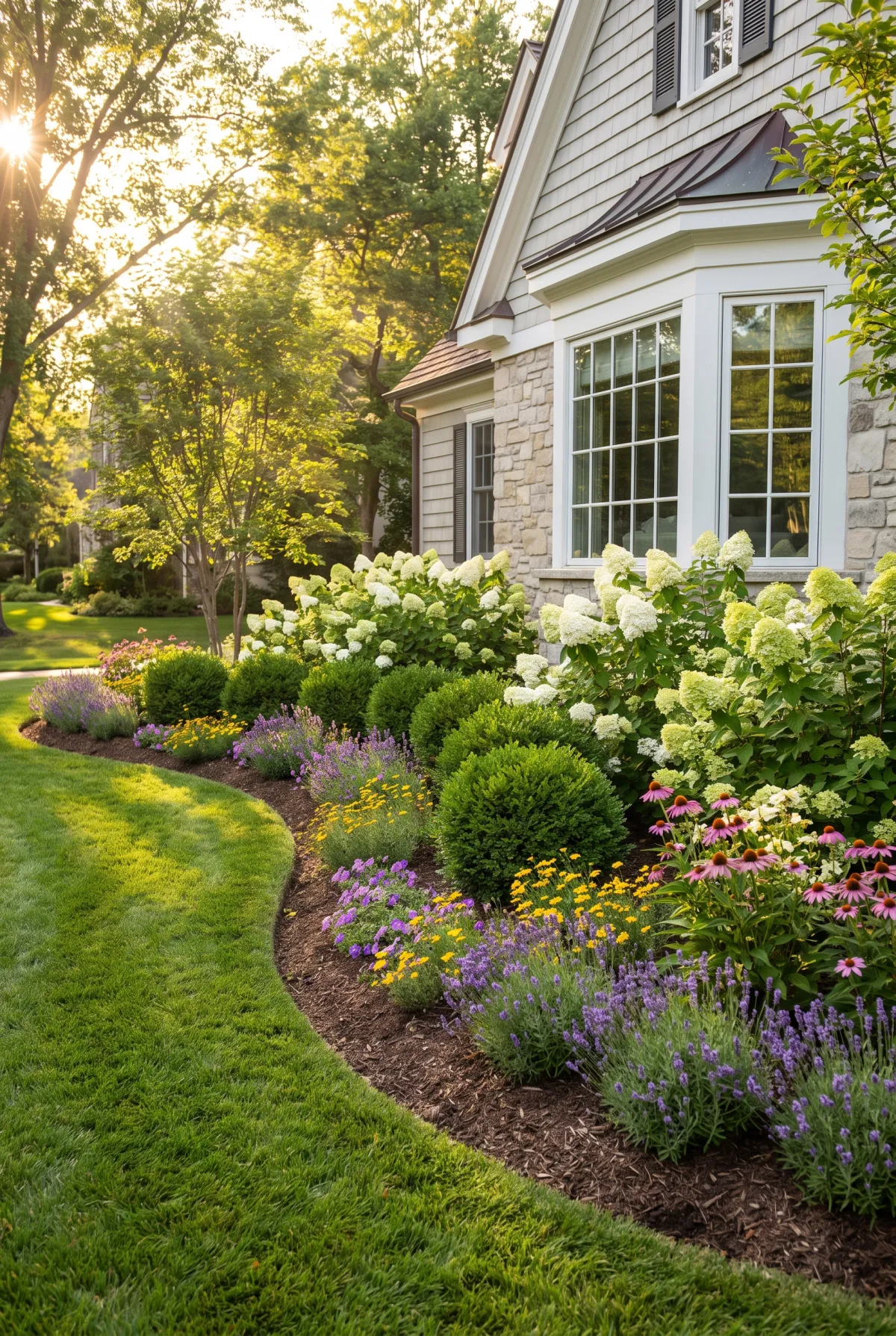 Curved front-yard garden bed with hydrangeas and fresh mulch