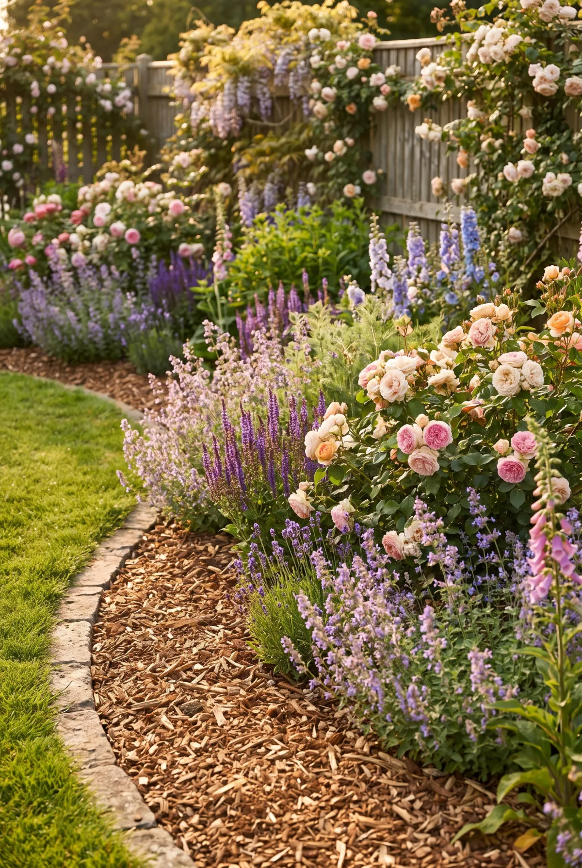 Garden bed with natural brown hardwood mulch and cottage-style plantings