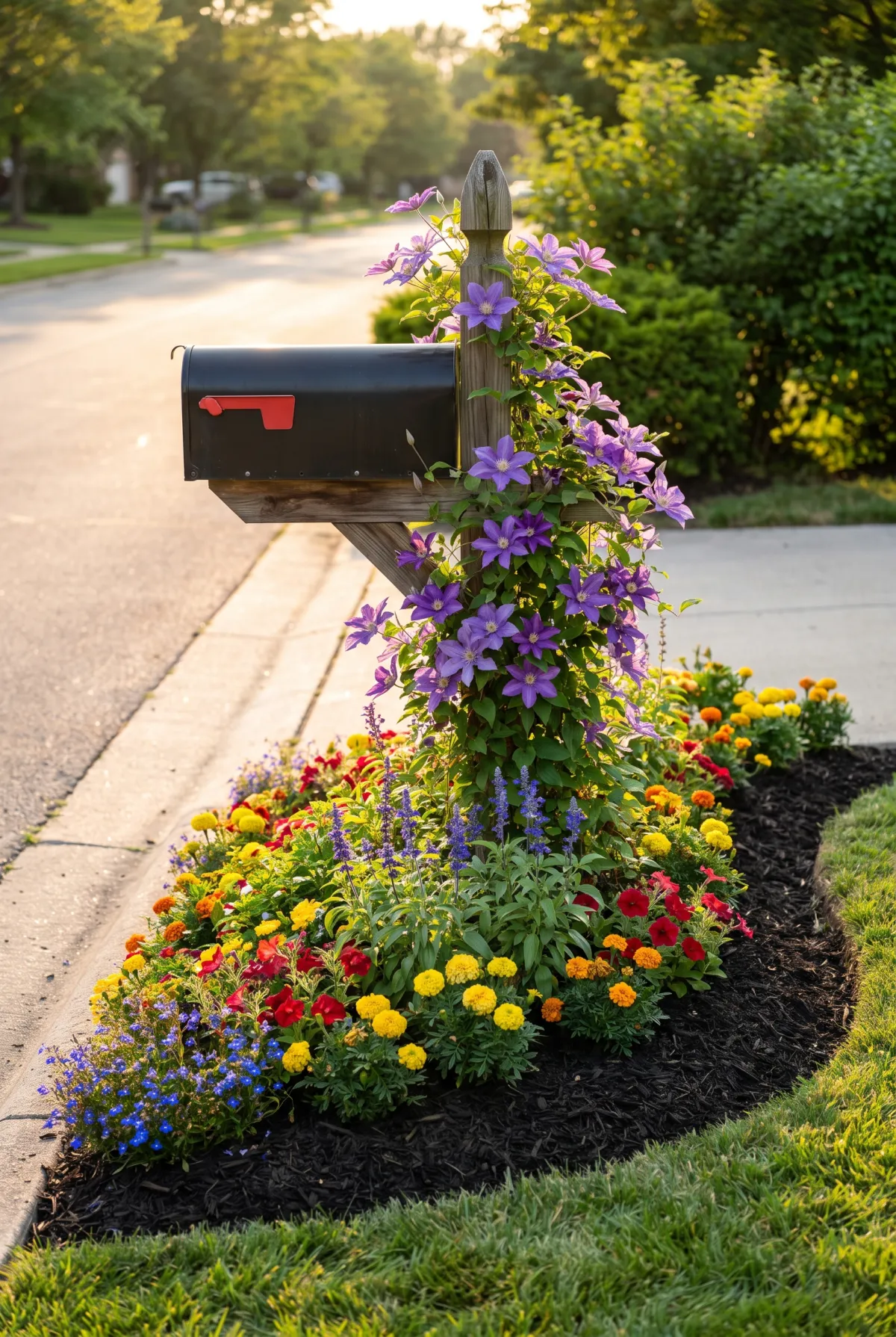 Small garden bed with flowers surrounding a mailbox at the curb