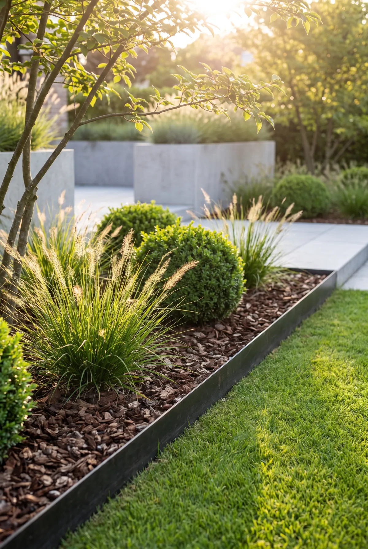 Garden bed with a crisp steel edging line separating mulch from lawn