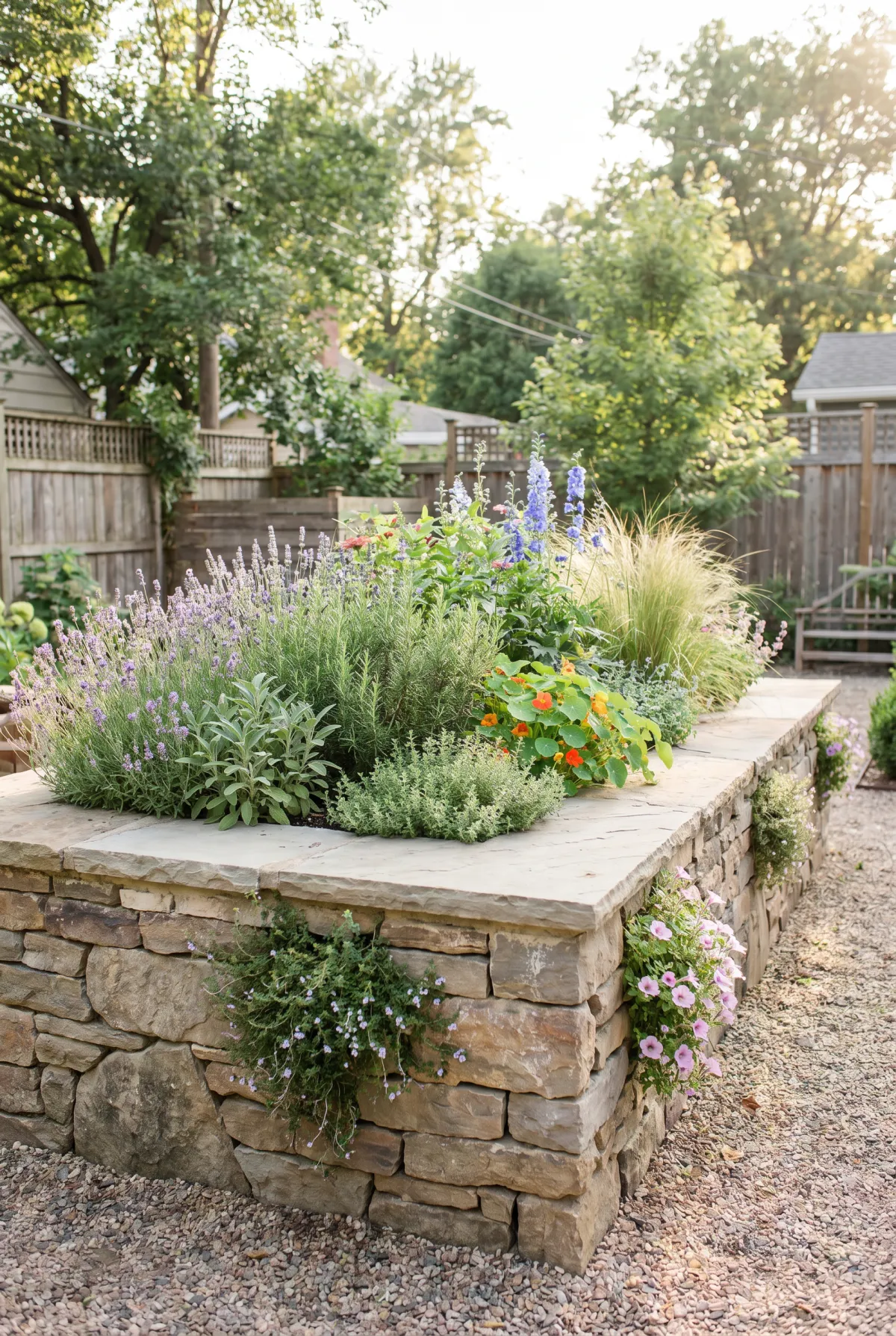 Raised garden bed built from stacked stone blocks with flowering plants