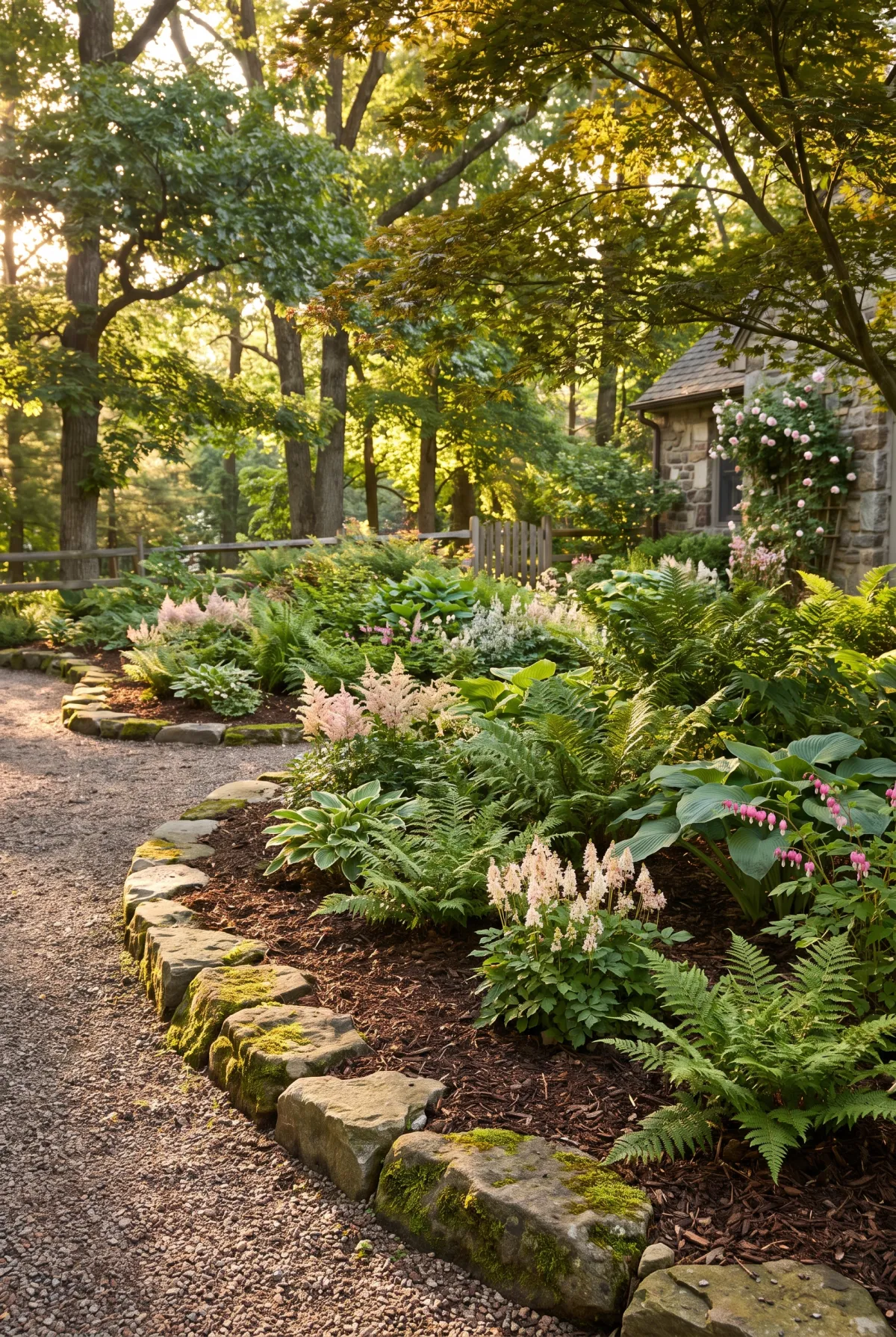 Garden bed edged with natural fieldstone border