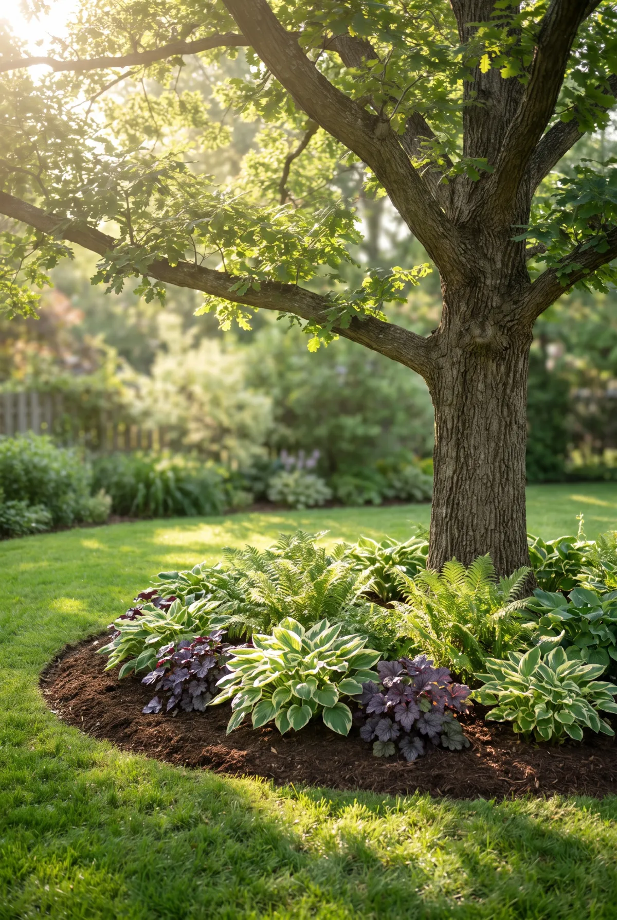 Shade garden bed with hostas and ferns under a mature tree