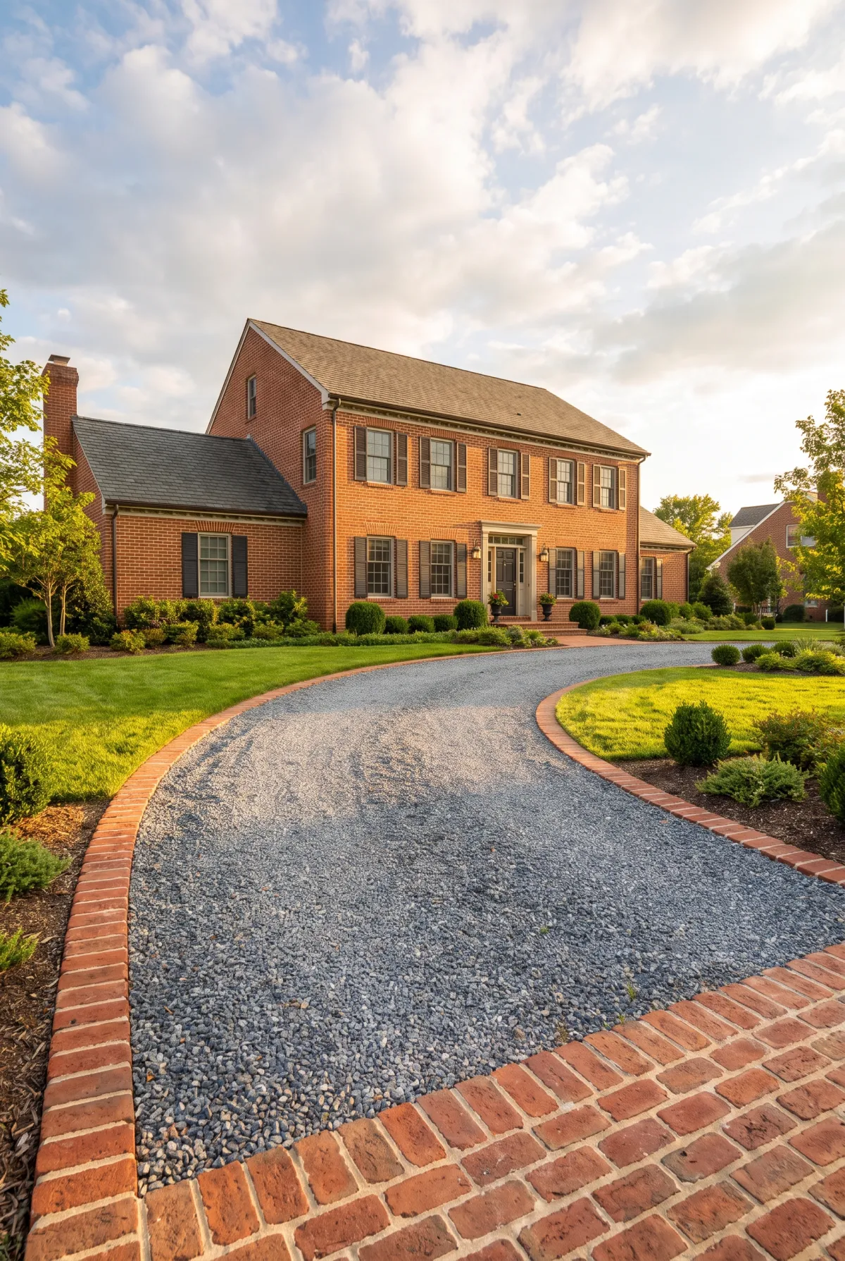 Gravel driveway edged with a red brick soldier-course border