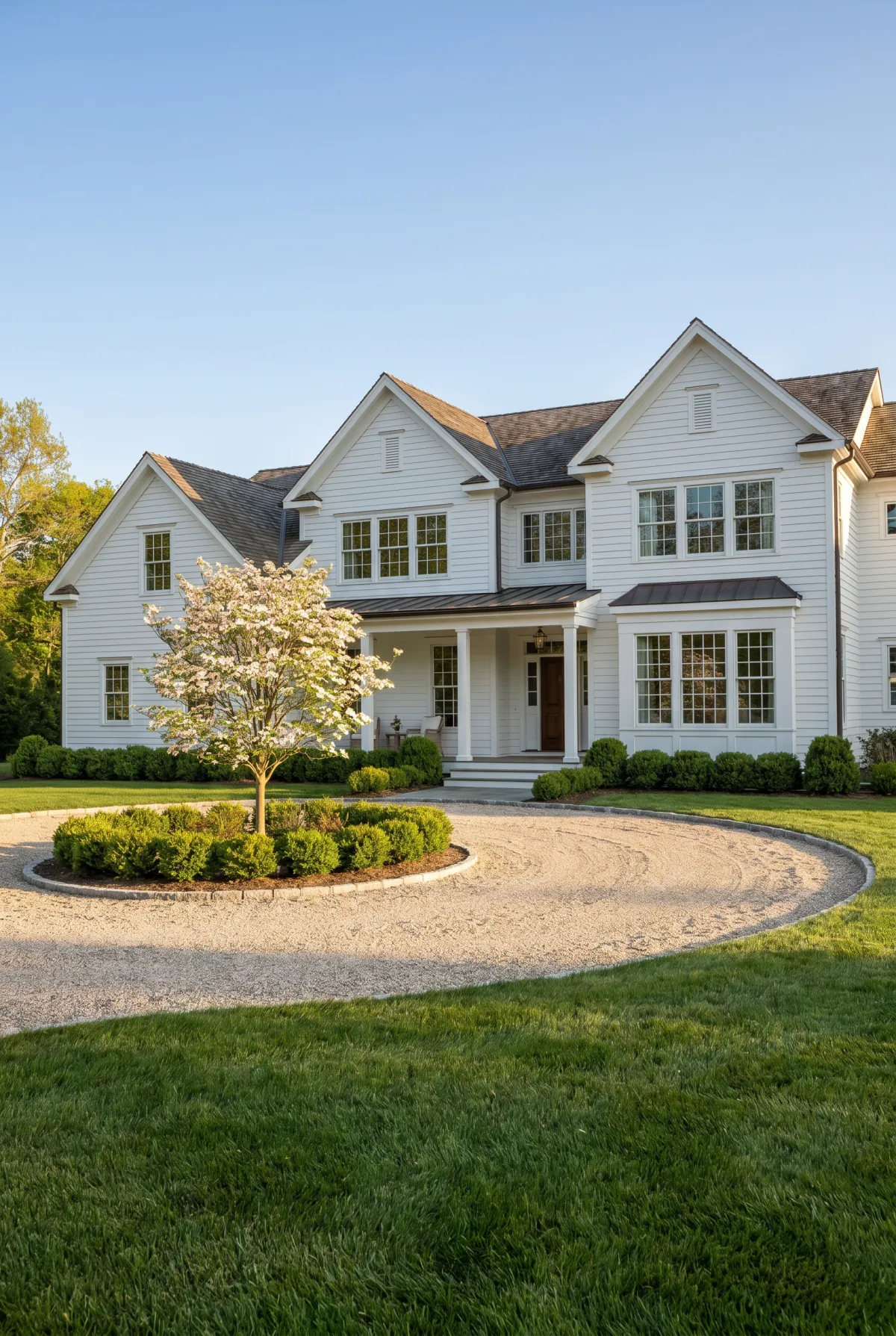 Circular gravel driveway looping around a planted center island