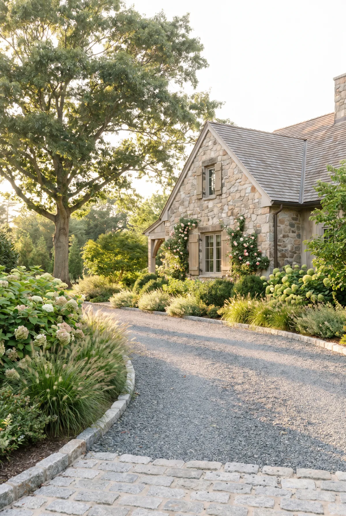 Gravel driveway bordered by granite cobblestone Belgian block edging