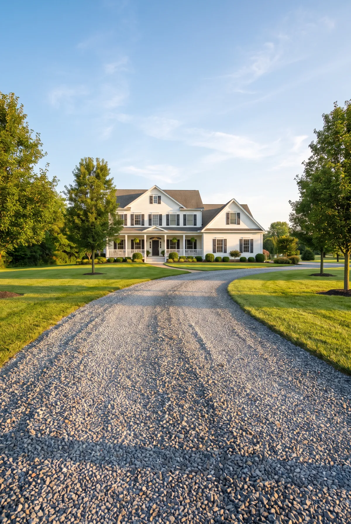 Crushed stone driveway leading to a farmhouse