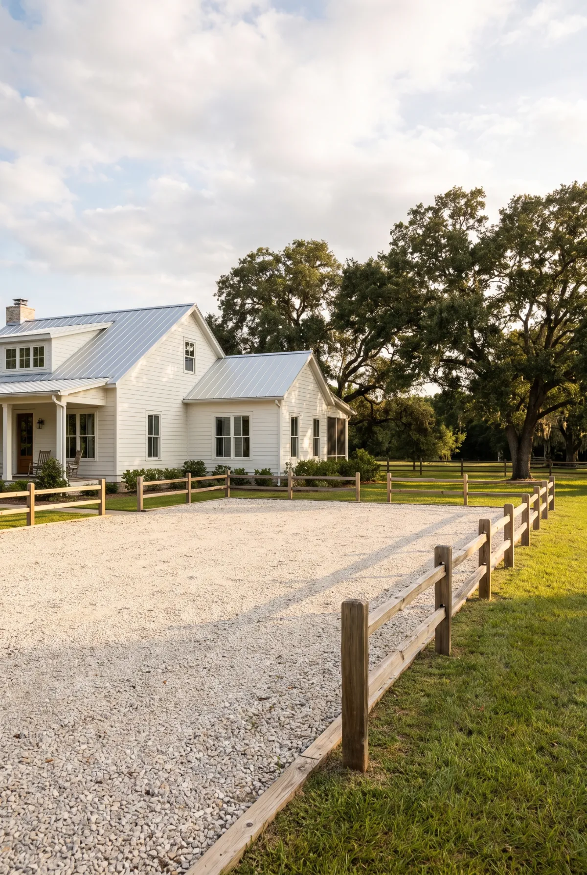 Wide gravel parking pad beside a farmhouse with a split-rail fence