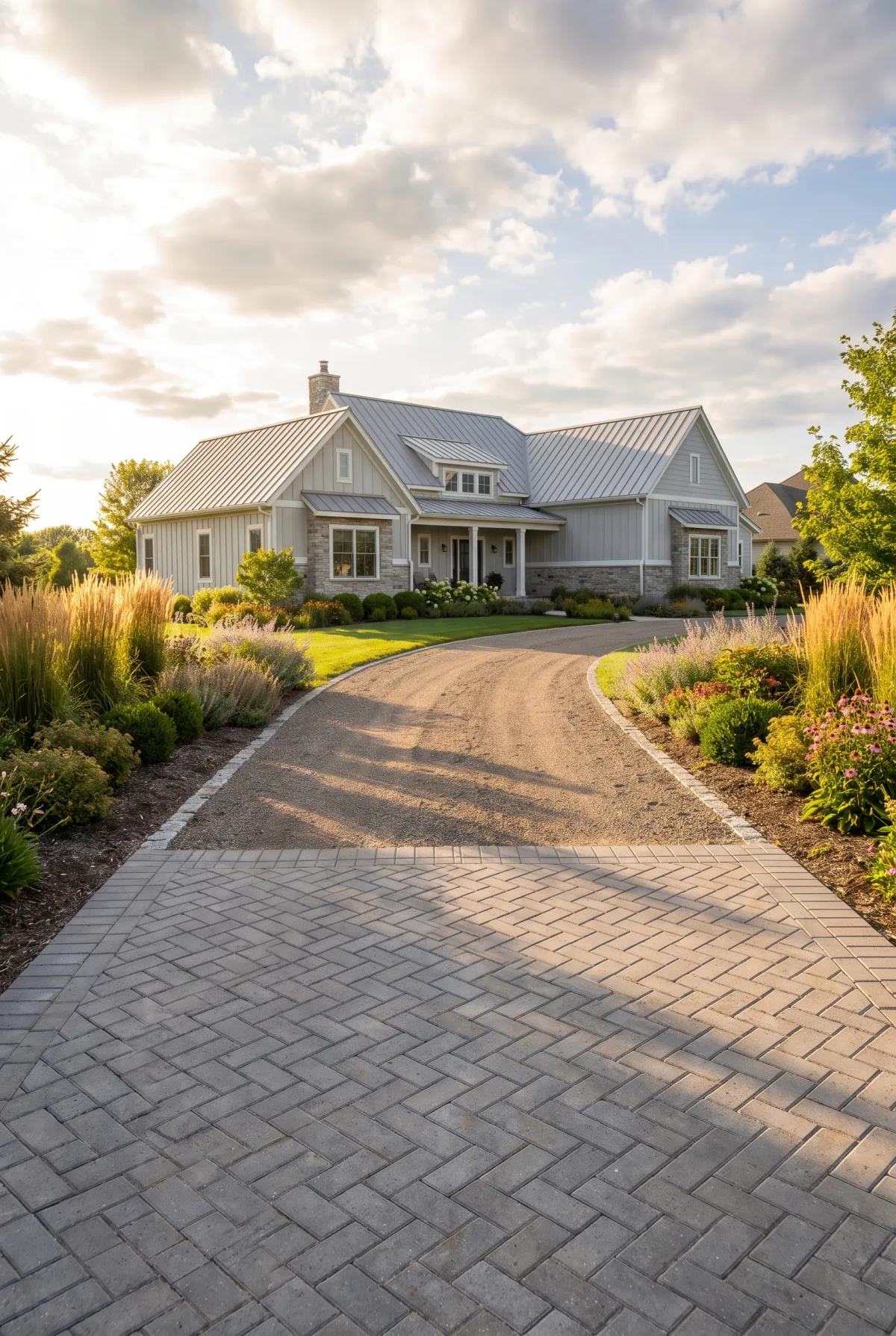 Gravel driveway with a gray paver apron transition at the street entrance