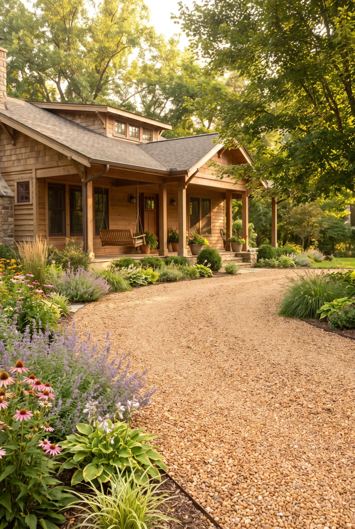 Warm tan pea gravel driveway in front of a craftsman bungalow