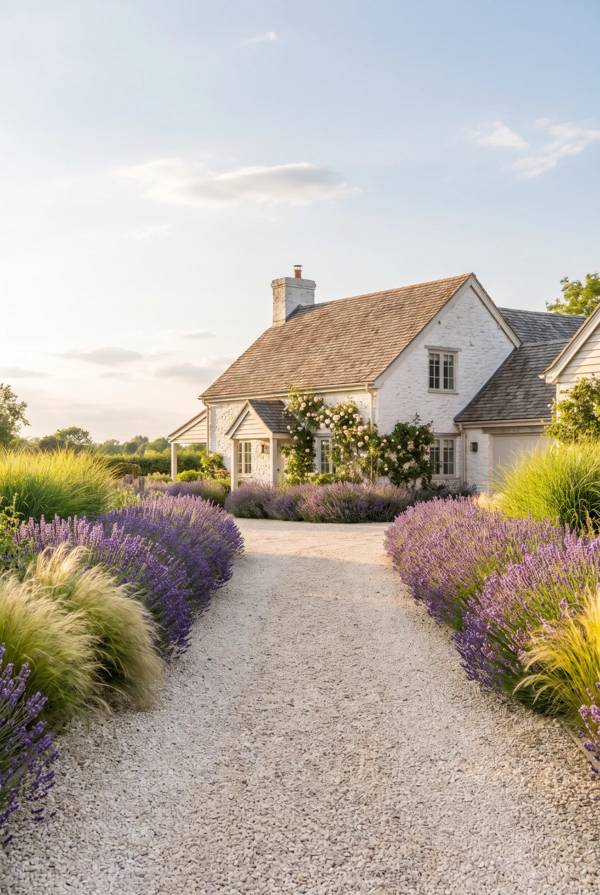 Gravel driveway bordered by blooming lavender and ornamental grasses