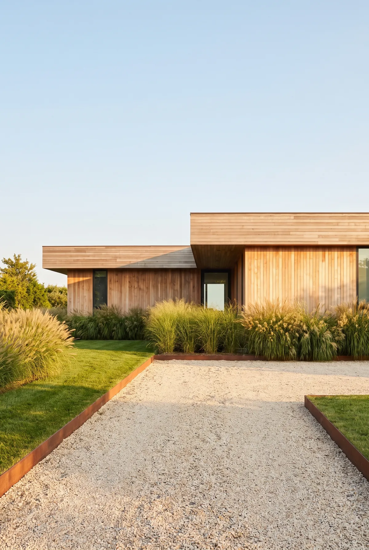Modern gravel driveway with crisp corten steel edging beside a flat-roofed house