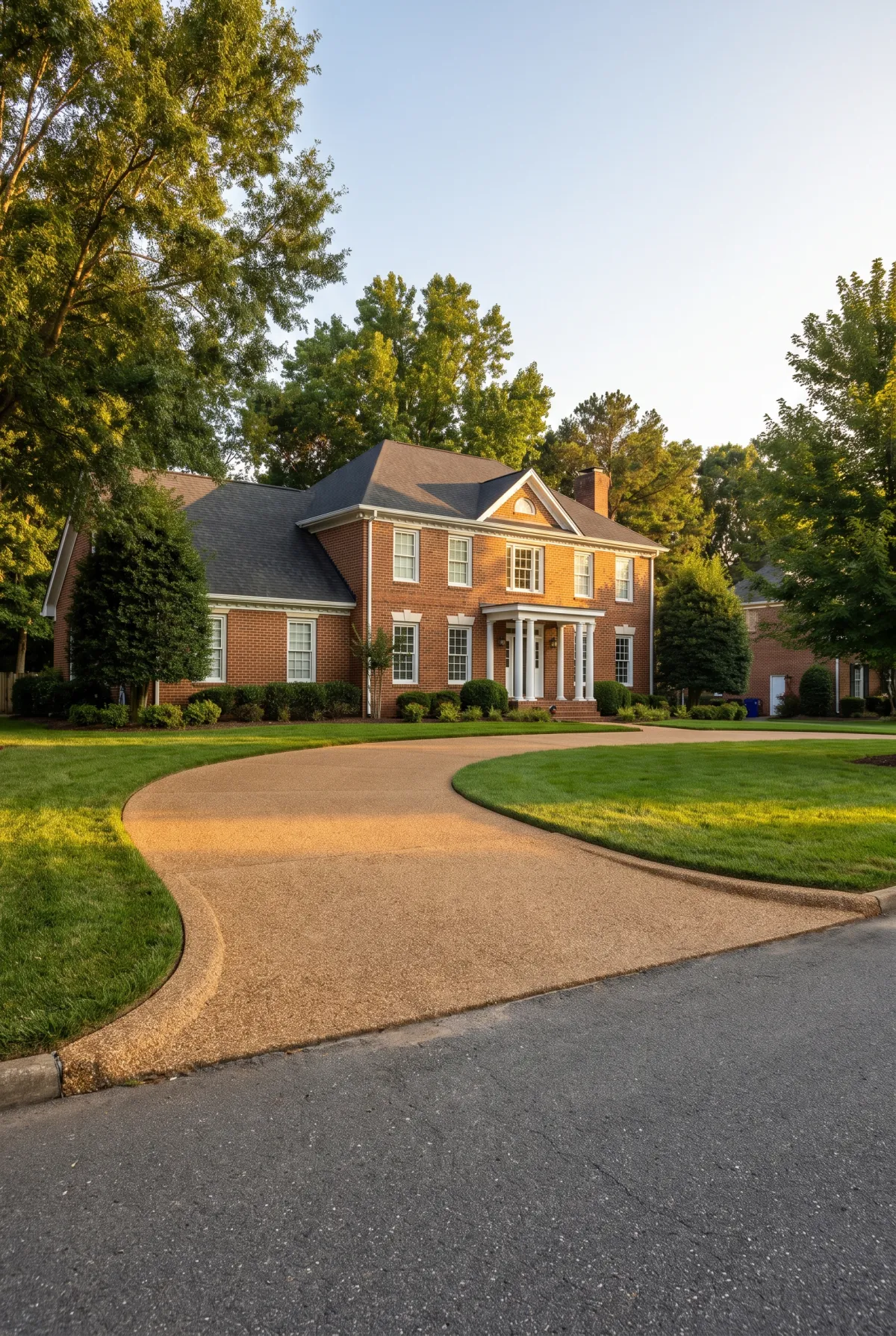 Tar-and-chip driveway with golden-brown stone texture leading to a colonial home