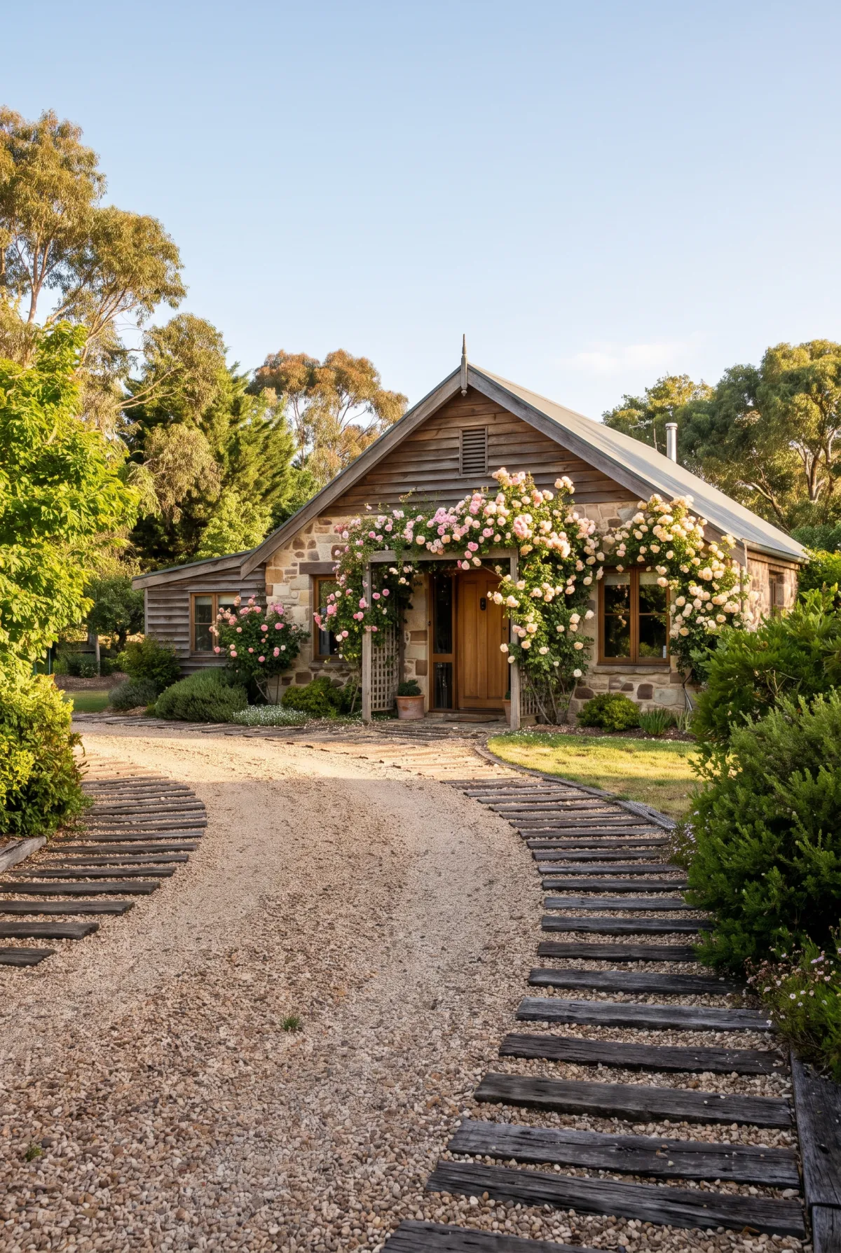 Rustic gravel driveway edged with dark timber sleepers at a country cottage