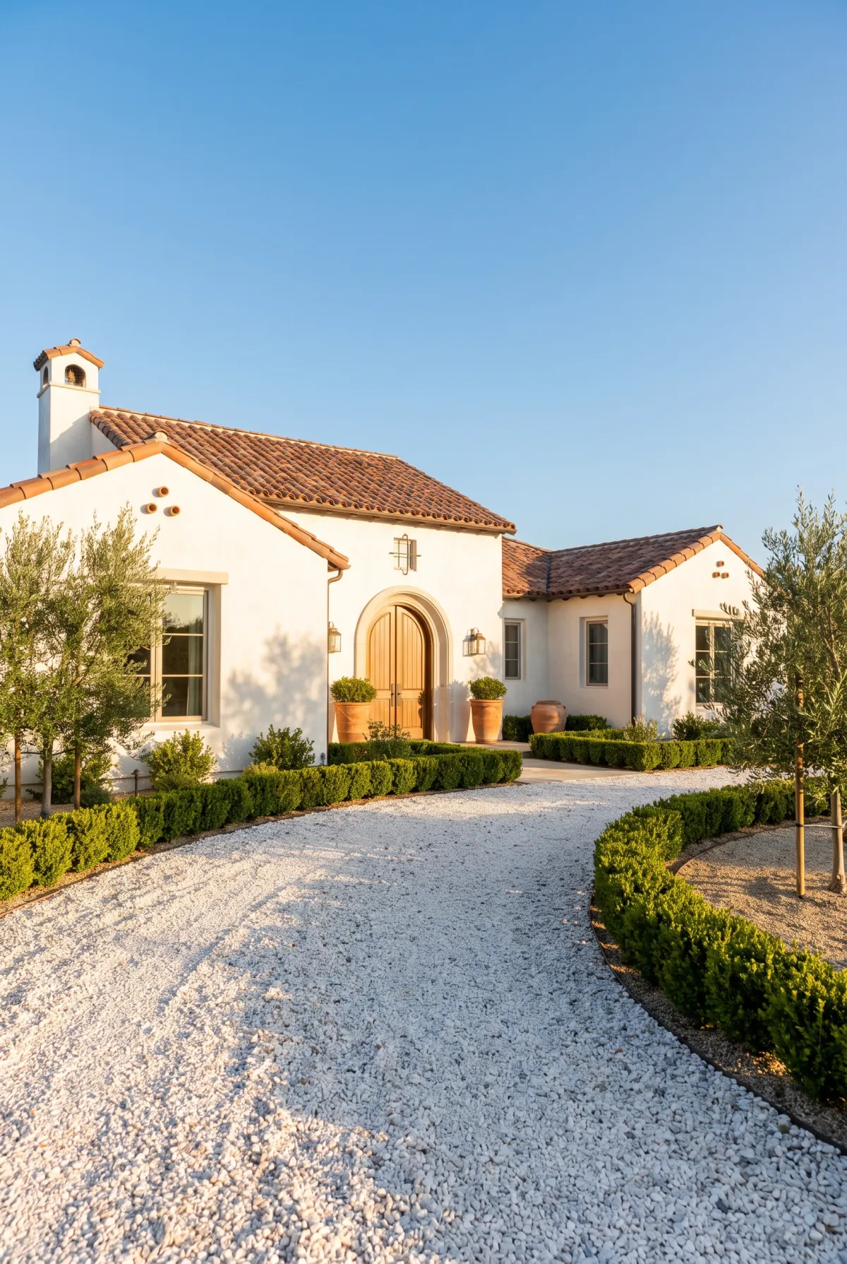 Bright white marble chip driveway lined with boxwood hedges