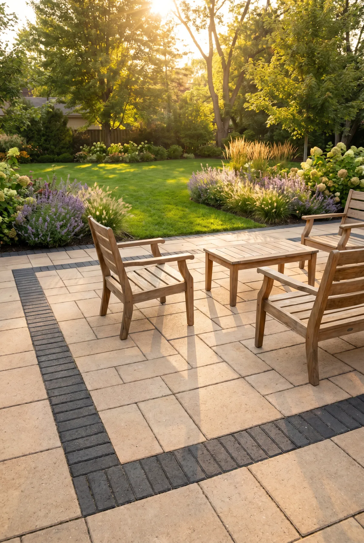 Paver patio with a contrasting dark soldier-course border