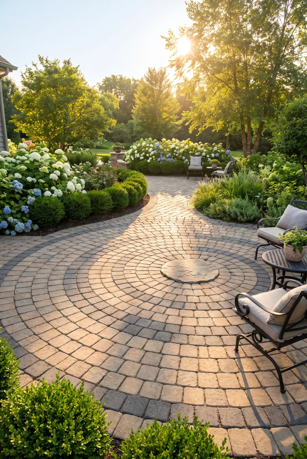 Circular paver patio with radial rings surrounded by garden beds