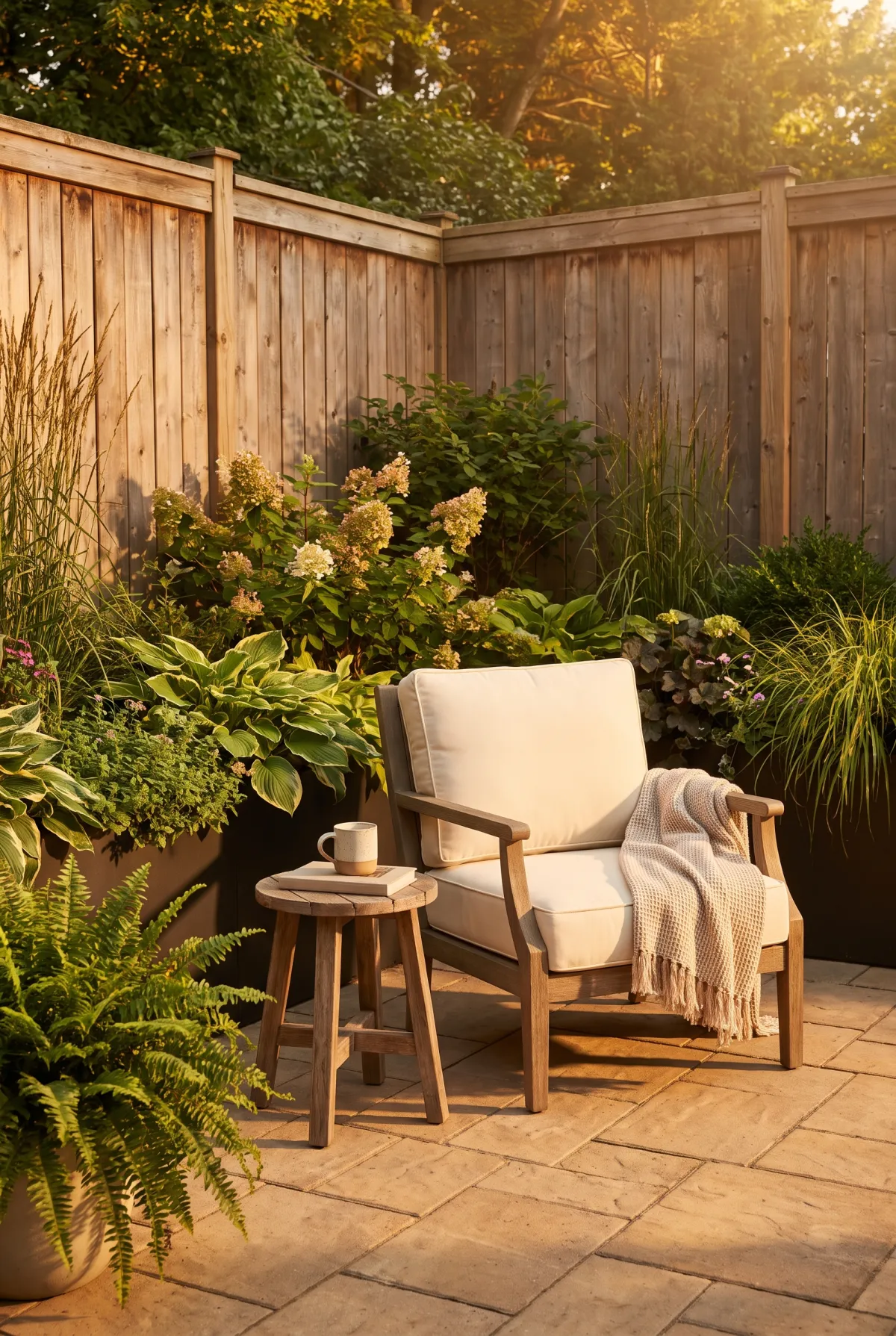 Cozy corner paver patio nook with a lounge chair and greenery